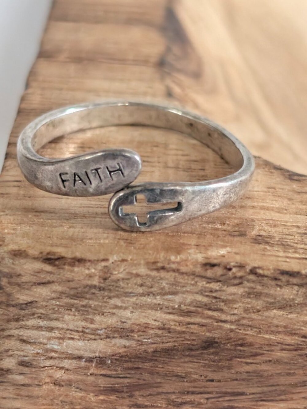 Vintage Sterling Silver Faith Bypass Ring Adjustable Size 9
